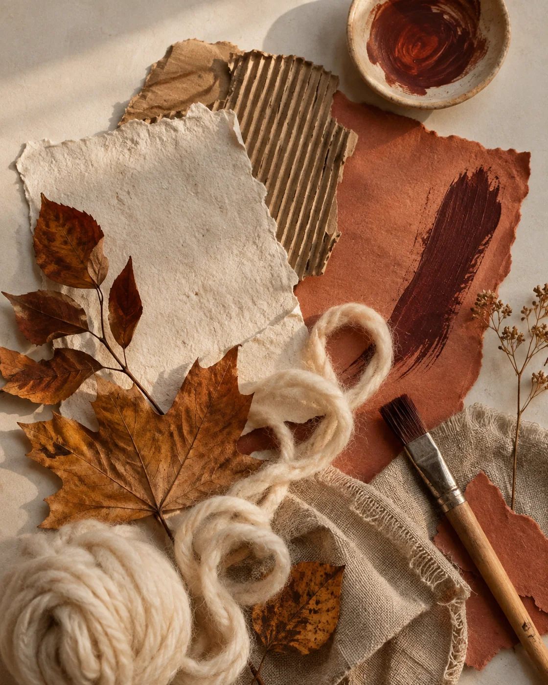 Material zum Gestalten: Papier, Pappe, Wollfäden, Stoff, Herbstblätter und ein Pinsel.